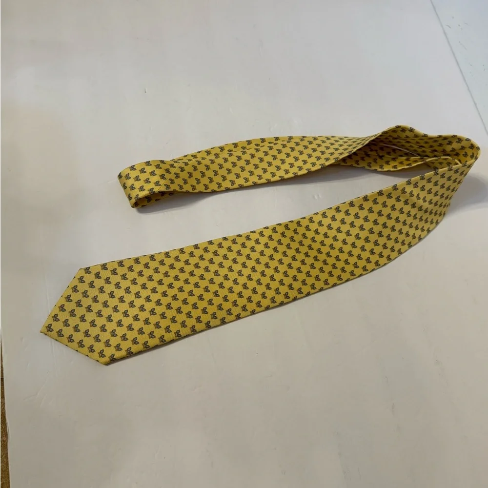 SALVATORE FERRAGAMO Italy Silk Tie Yellow with blue & brown butterflies
